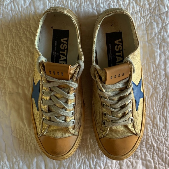 GOLDEN GOOSE FRESH VSTAR2 SNEAKERS FRESH GOLD BLUE LEATHER STAR SPRING SUMMER - Picture 3 of 9